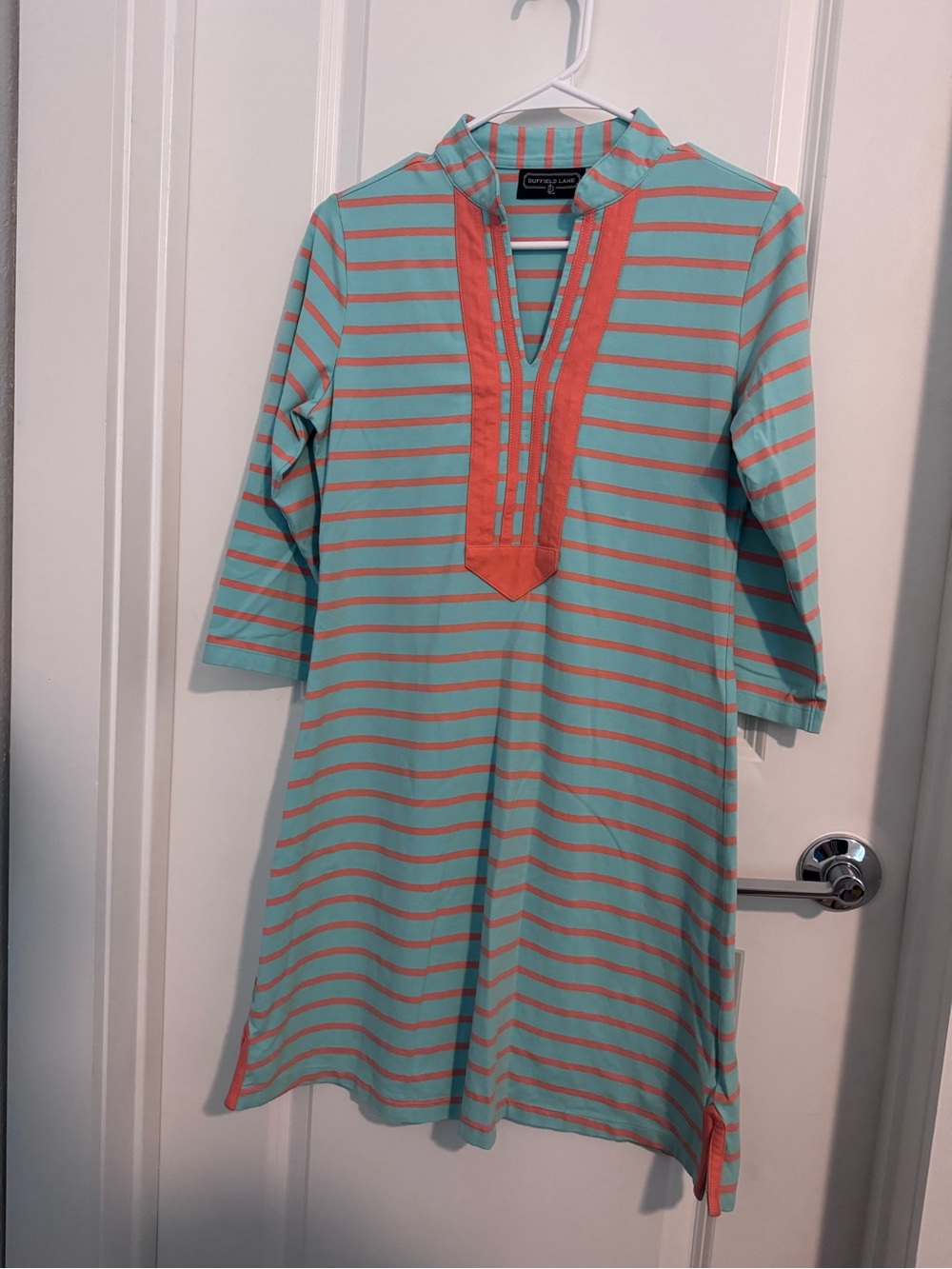 Duffield Lane Teal and Coral Striped Long Sleeve Tunic Dress
